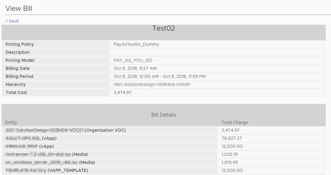 vRealize Operations Tenant App 2.0 for vCloud Director - View Bill