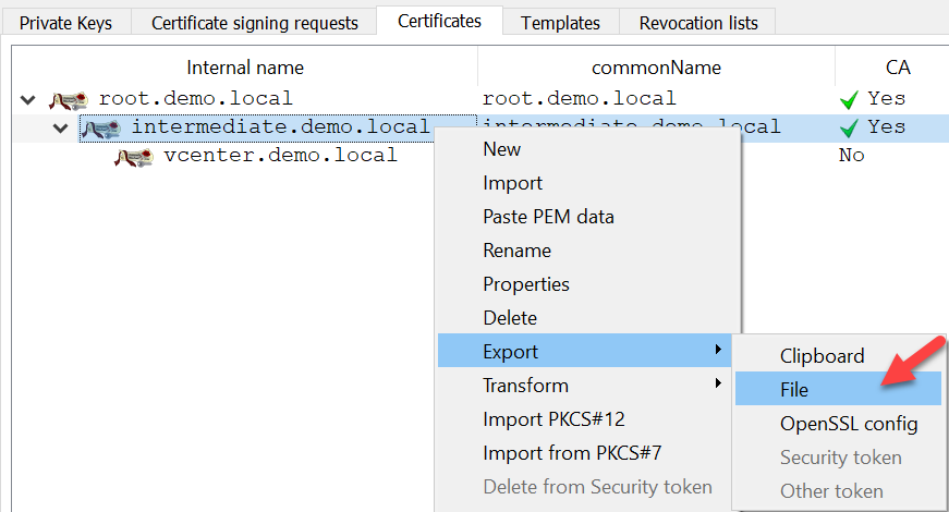 CA signed vCenter Certificate from XCA - CA Chain Export